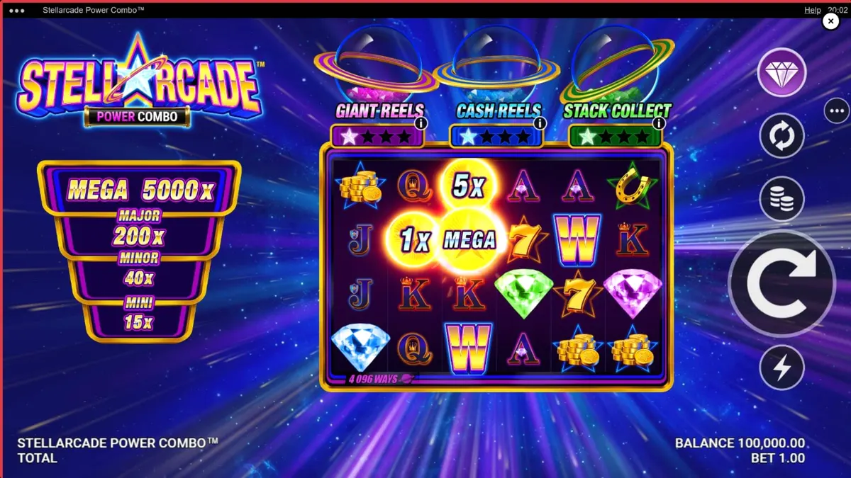 Tampilan visual slot Stellarcade Power Combo dengan tema neon ruang angkasa