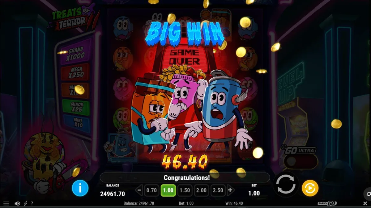 Visual neon retro dari slot Treats of Terror 2 yang menampilkan elemen horor dan arcade