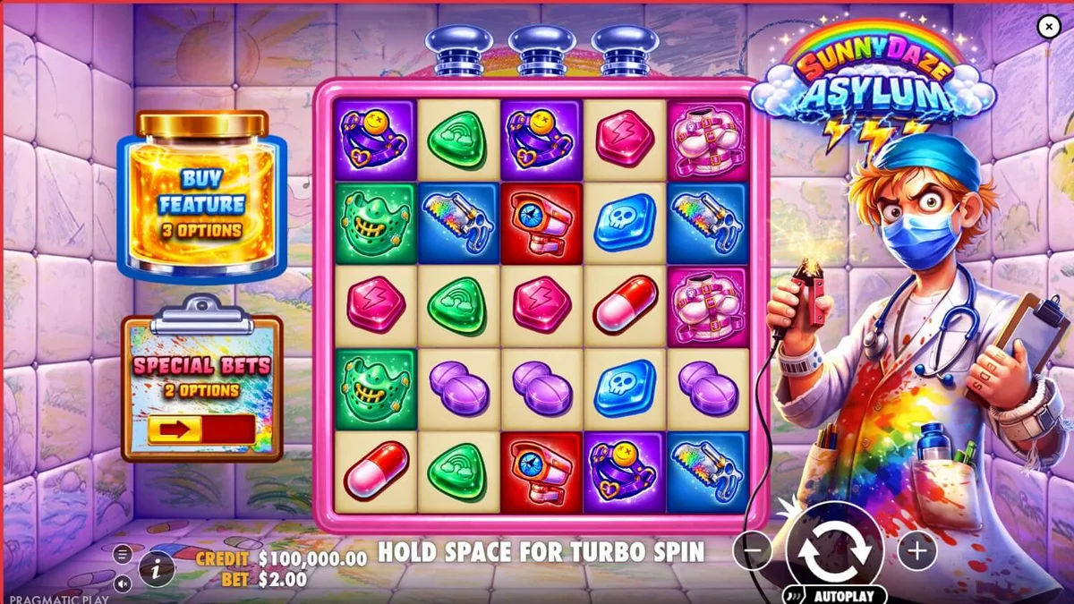 Tampilan visual slot Sunnydaze Asylum dengan tema neon dan rumah sakit