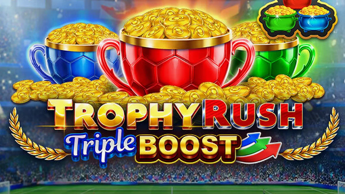 Tampilan visual slot Trophy Rush Triple Boost dengan tema stadion dan koin emas