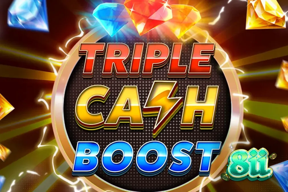 Tampilan visual slot Triple Cash Boost dengan tema neon futuristik dan simbol buah klasik.