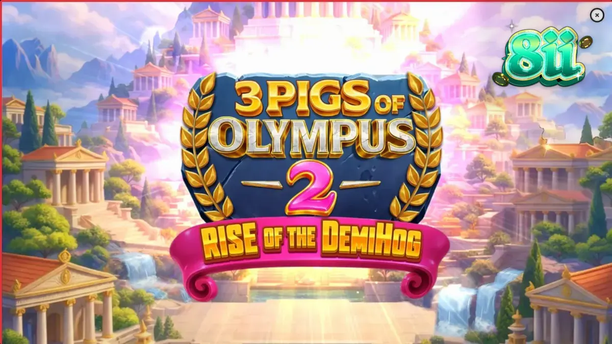 Tampilan visual slot 3 Pigs of Olympus 2 Rise of the DemiHog dengan tema mitologi Yunani dan babi pahlawan.